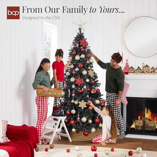 7.5ft Black Artificial Christmas Tree - Full Tapered Holiday Decor, PVC Tips, Foldable Base