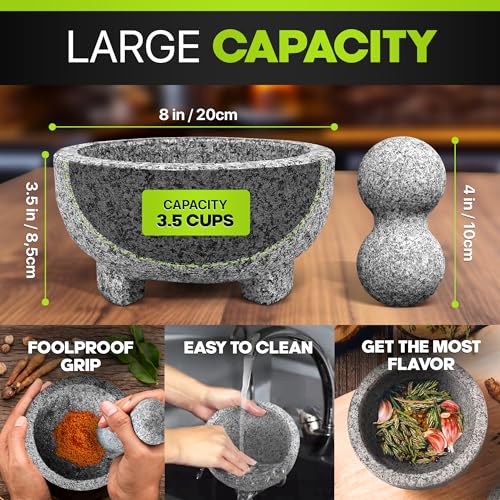 UMIEN 8-Inch Granite Mortar and Pestle Set - 3.5-Cup Capacity, Grey, Molcajete
