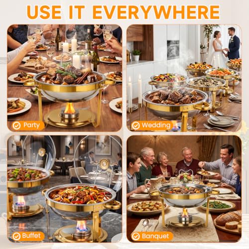Gold 4 Pack 6QT Stainless Steel Chafing Dish Set with Glass or Steel Lids - Buffet Food Warmer for Parties & Weddings - Golden / 4pack