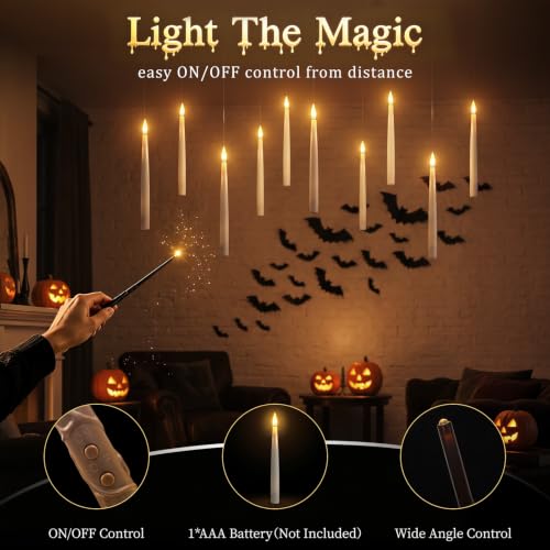 Halloween Floating Candles with Wand - Flickering LED Hanging Set, 20 Pcs