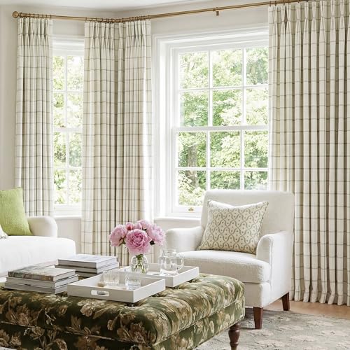 Green 40W x 84L Inches Pinch Pleated Blackout Gingham Curtains Set of 2 - Modern Linen Checkered Drapes for Living Room & Bedroom