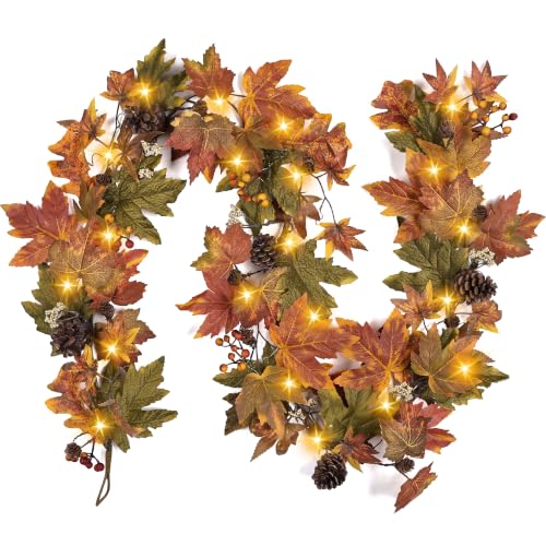 Autumn Maple Leaf Garland 9 Ft with 30 Warm Lights Fall Decor for Mantel & Outdoors