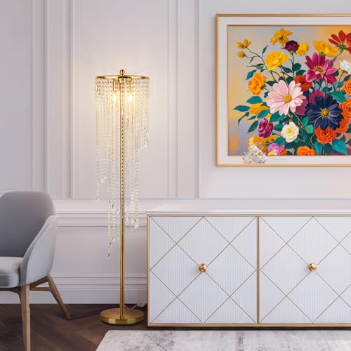 Modern Gold Floor Lamp with Crystal Shade - Tall Corner Lighting, 63 Inch