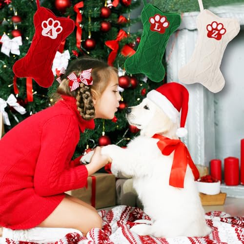 Ulico Dog Stocking with Initials£¬Bone Shape Christmas Stocking with Letters,Cable Knit Embroidered Monogram Christmas Stocking for Dogs Cats,Xmas Stockings for Pets Red C
