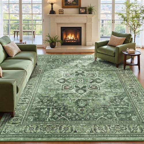 Sage Green 8x10 Area Rug for Living Room - Vintage Boho Carpet, Non-Slip