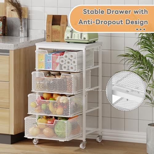 White 4-Tier Kitchen Storage Cart with Drawers and Wooden Top - Fruit and Vegetable Organizer with Wheels