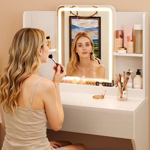 Vinabilia White Small Makeup Vanity Desk with LED Lights & Mirror - Model 1-white