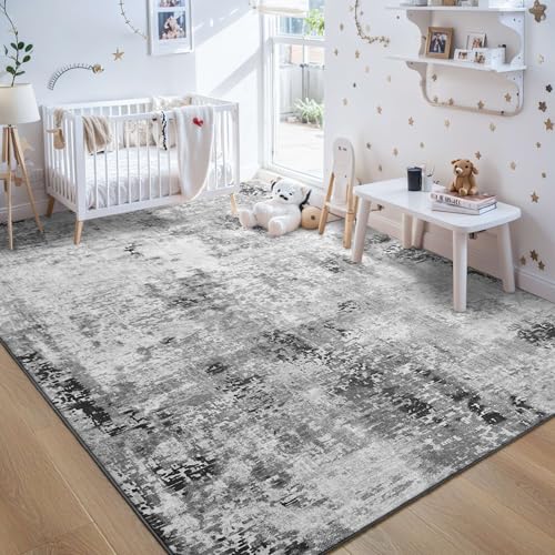 Grey 8x10 Abstract Boho Area Rug - Machine Washable Non-Slip Faux Wool Indoor Carpet