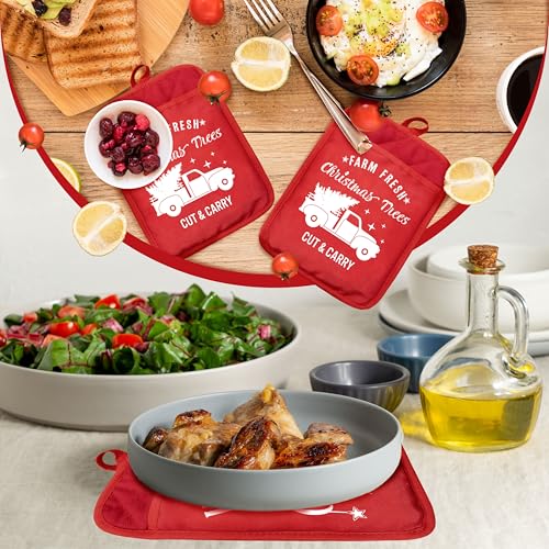 YeiHe Farm Fresh Christmas Trees Red Pot Holders with Pockets, Sdanjxl-15, Heat-Resistant Oven Mitts & Hot Pads for Kitchen Baking & Cooking