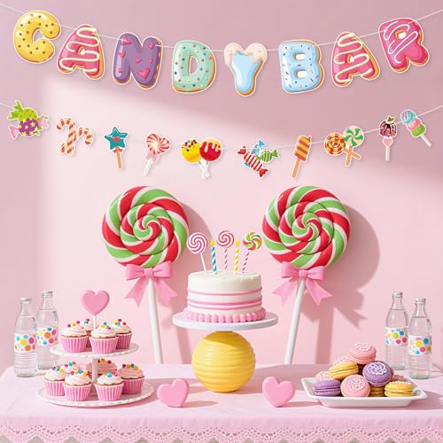 Candyland Party Decorations,2Pcs Pre-Strung Candy Bar Banner,Lollipop Garland Banner for Sweet Candy Themed Party,Birthday Wedding Christmas Party Decorations,Baby Shower