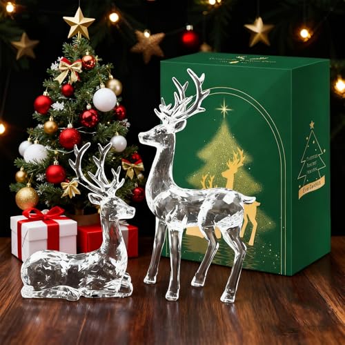 EverZenHub Clear Reindeer Figurines Set of 2 Christmas Resin Decor - Standing & Sitting