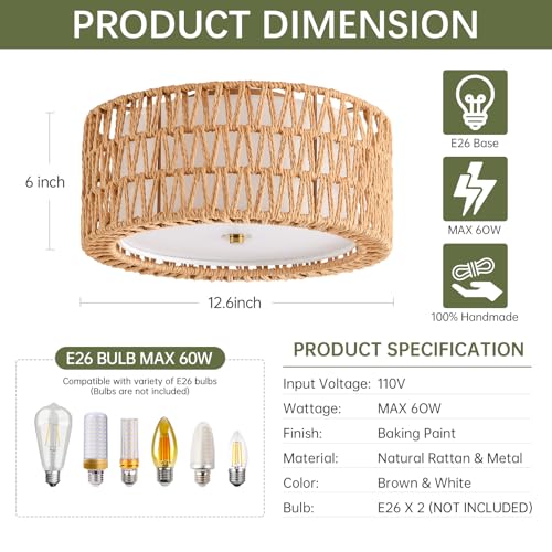 Brown Rattan Ceiling Light Fixture - 12.6 Inch Boho Bohemian Style, Dual-Layer Design