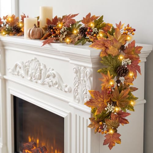 Autumn Maple Leaf Garland 9 Ft with 30 Warm Lights Fall Decor for Mantel & Outdoors