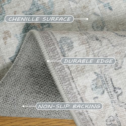 8x10 Indoor Area Rug - Vintage Retro Non-Slip Washable Chenille Home Carpet - Grey/Blue/Teal/Green/Tan - Lightweight, Low Pile, Perfect for Living Room & Bedroom (Warm Grey/Blue, Rectangular)
