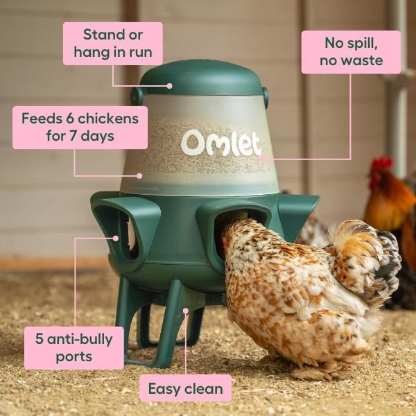 Omlet No Waste Chicken Feeder - No Spill BPA-Free Poultry Feeder with 5 Anti-Bully Ports | Feeds 6 Hens for 7 Days | 12lb