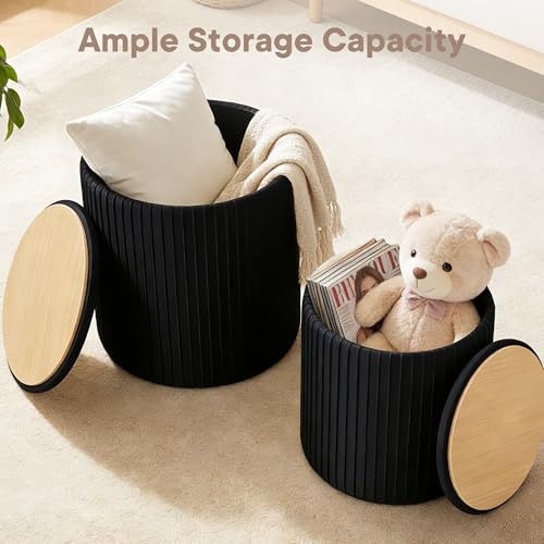 DUMOS Deep Black 14.57''D x 18.11''H Round Storage Ottoman Set of 2 - Vanity & Foot Stool