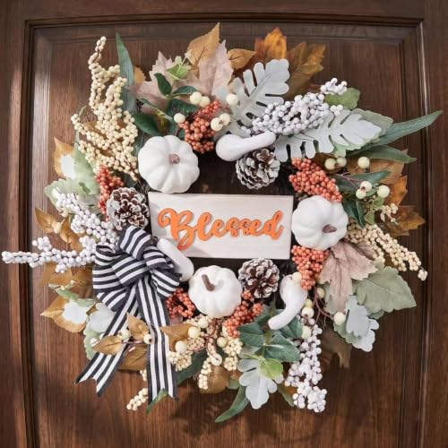 Fall Wreath for Front Door 22 Inch Autumn Harvest Decor with White Pumpkin & Ribbon Bow