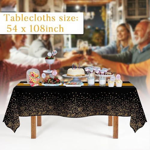 Childom 3 Pack Black and Gold Tablecloths for Events,54"x108" Plastic Table Cloths for Rectangle Tables,Disposable Party Table Covers for New Years Eve Decorations 2026,Holiday Birthday Wedding Dining