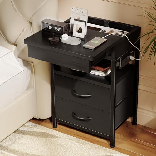 Black Nightstand with Lockable Hidden Compartment and 2 Drawers - Modern Bedside Table