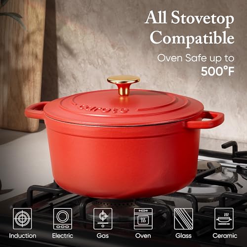 CAROTE 4QT Red Enameled Cast Iron Dutch Oven with Lid - Heavy Duty, Versatile Cooking Pot