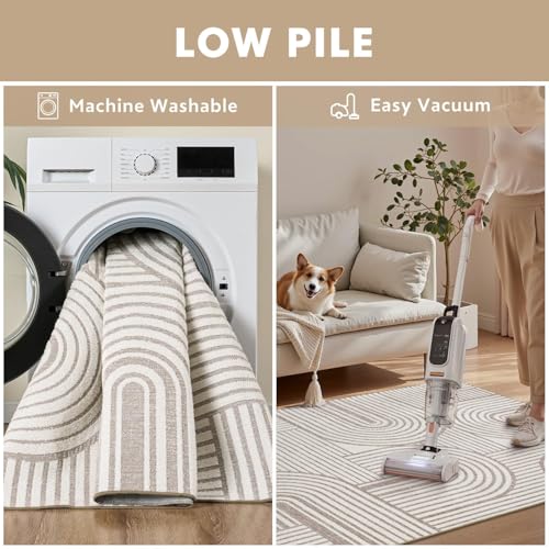 Beige 6x9 Area Rug with Textured High-Low Tufted Design - Modern Geometric, Washable, Non-Slip Backing