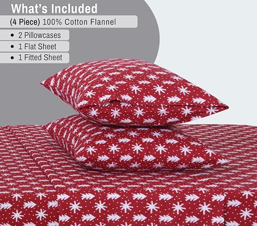RUVANTI 100% Cotton Flannel Sheets Queen 4-Piece Set, Red Christmas