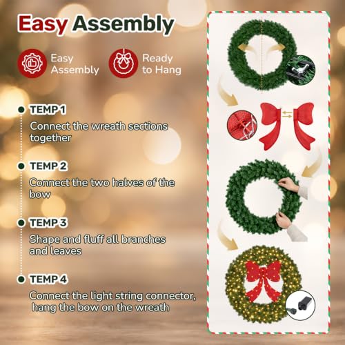 Sweetcrispy 36in Artificial Pre-Lit Fir Christmas Wreath with Green Spruce & Red Bow - 31V Plug-In