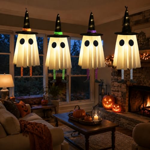Halloween Ghost & Witch Hat Outdoor Decor - Glowing Spooky Lights Set