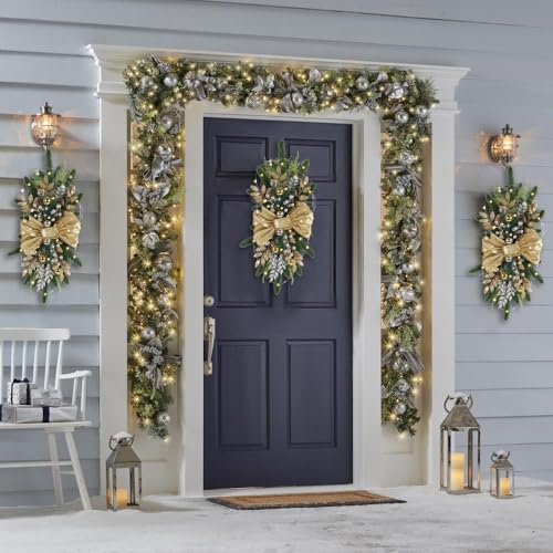 INSUNSIX 4PCS Gold Christmas Teardrop Swags Prelit 24-Inch Stairway Decor