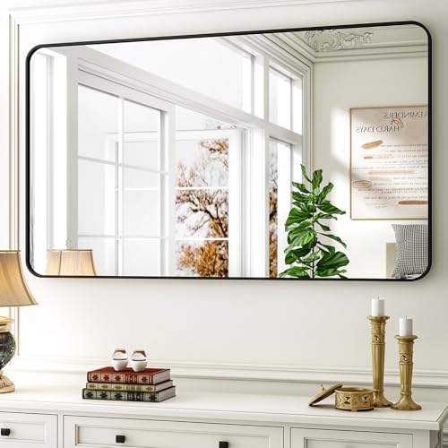 Black Rectangular Bathroom Mirror 30x48 Inch Wall-Mounted Vanity Mirror with Rounded Corners