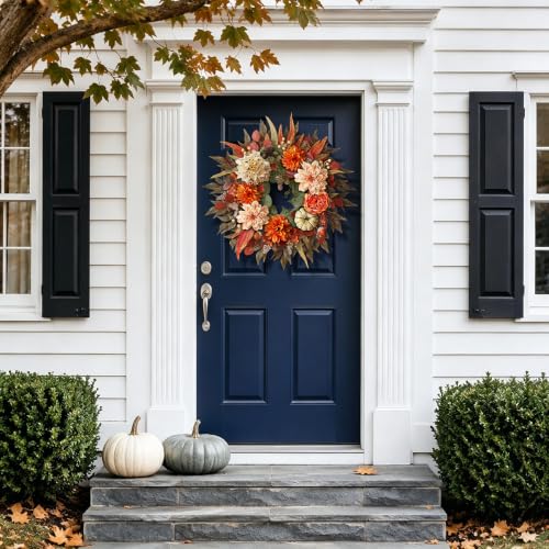 24 Inch Artificial Silk Hydrangea Fall Wreath for Front Door Decor