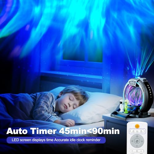 Northern Lights Projector Night Light with Remote, Clock & White Noise—Astronaut Plasma Globe