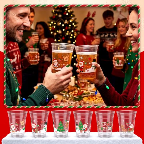 Mimorou 100 Pcs 12oz Christmas Plastic Cups - Merry Christmas Pattern, Gingerbread Man & Santa (Variation: Cute Christmas)