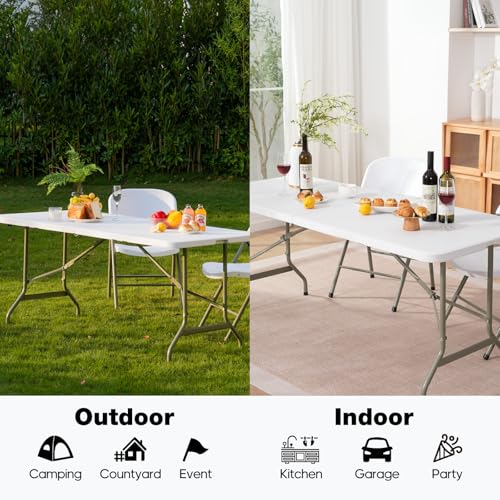 GlowitLian 6ft White Heavy-Duty Folding Picnic Table - 500lbs Capacity, Portable Indoor & Outdoor Event Table