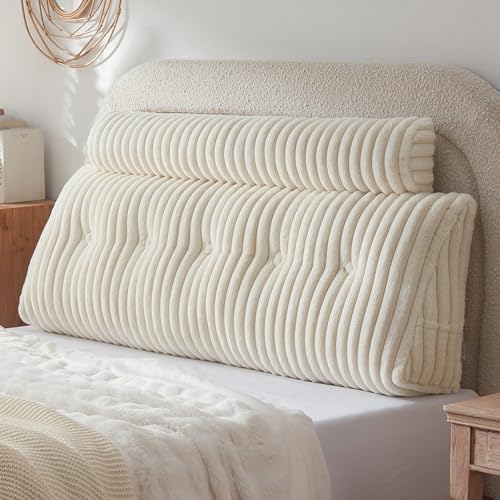 Beige Queen Faux Fur Headboard Wedge & Neck Body Pillow Set - AmyWtb