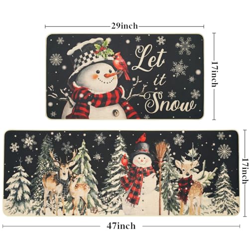 MEHOFOND Christmas Kitchen Rugs Set of 2 Black Snowflake Snowman Deer Winter Holiday Floor Mats, 17x29 & 17x47 Inches