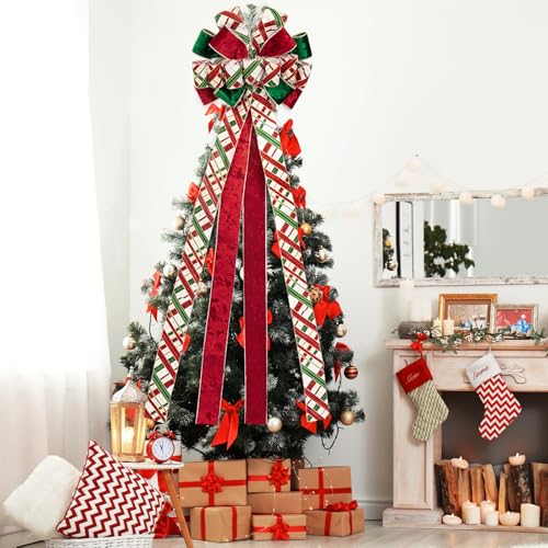 RUSPEPA Large Christmas Tree Topper Bow Plaid with Gold Trim - Red, Green, White, 13x52 inches