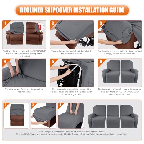VANSOFY Stretch Recliner Couch Cover, Slipcover, Dark Gray, 3 Seater