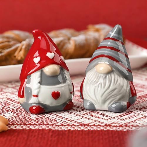 Vesici Christmas Red & White Ceramic Gnome Salt & Pepper Shaker Set - Heart, 3.3 Inch