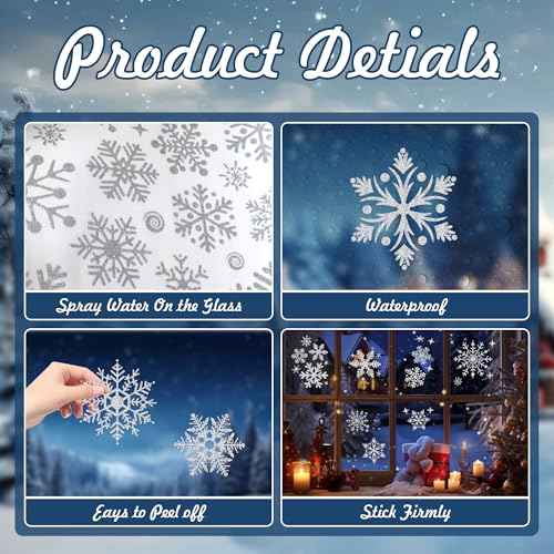 222PCS Snowflake Glitter Christmas Window Clings, 6 Sheet Snowflake Clings for Glass, Christmas Window Decals Stickers for Home Office Decor Xmas Party Decorations