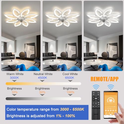 35-Inch Bladeless Ceiling Fan with Lights - White, 3-Color Dimmable LED, Remote & App Control, Low Profile, Modern Design - Variation: White