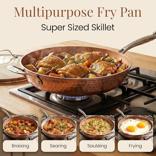 14 Inch Nonstick Frying Pan with Lid - Copper Hammered Ceramic Coating, Oven & Dishwasher Safe