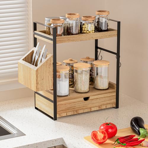 Aollewoiti Light Brown 2-Tier Bathroom Counter Organizer with Drawer & Basket