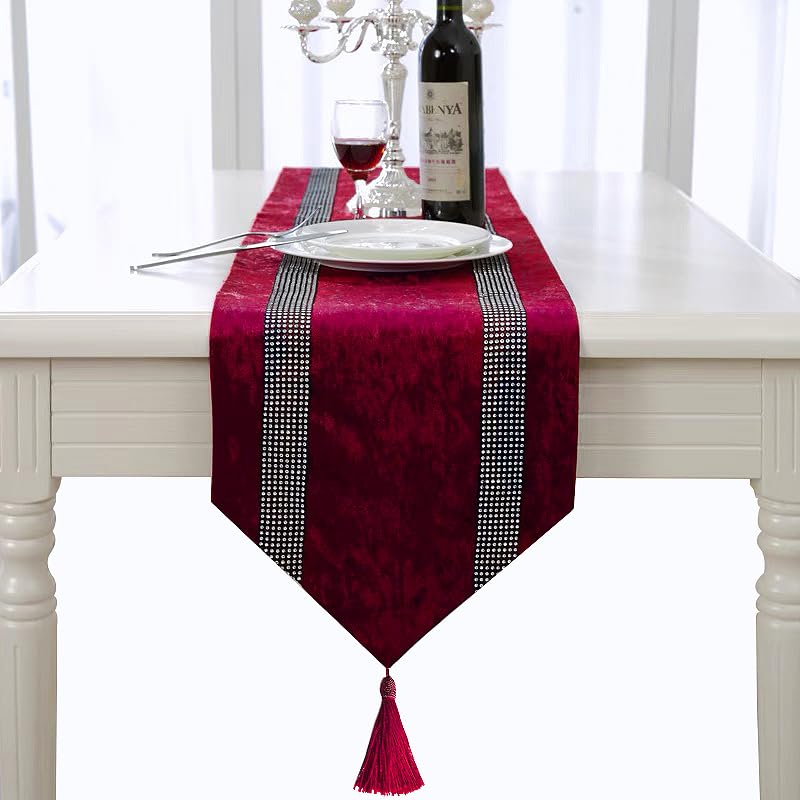 Jiino Burgundy Sequin Velvet Table Runner 13x72 Inches for Holiday & Dinner Decor