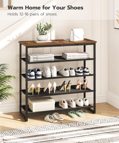 5-Tier Shoe Rack Organizer with Oxford Fabric Shelves and Rustic Brown Top Panel - 29.5 x 11.2 x 29.5 Inches, Black & Brown Variation