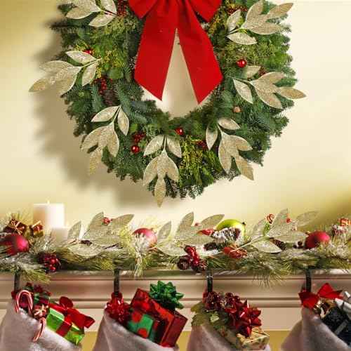 KIMOBER 20PCS Christmas Artificial Leaves,Glitter Golden Fake Floral Spray Picks Branches Twig for Xmas Tree Wreath Wedding Bouquet Decoration