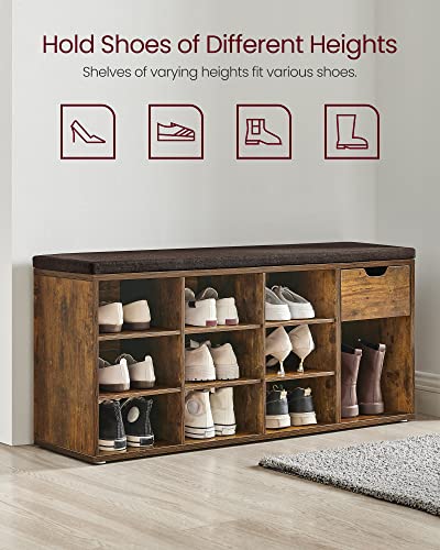 VASAGLE Rustic Brown Shoe Bench with Cushion and Storage, 10 Compartments - Brown + Chestnut Brown