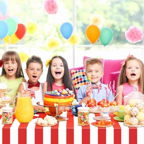Carnival Theme Party Decorations Tablecloths, Circus Plastic Table Covers Rectangle Disposable Red and White Striped Tablecloth Supplies for Kids Birthday Movie Night Christmas, 87'' x 51'', 2pcs