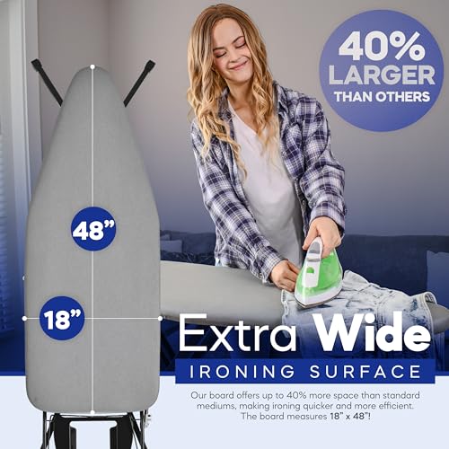 BKTD Extra-Wide Ironing Board 48x18 with Built-In Clothes Rack & Iron Rest