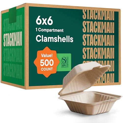 6x6 Compostable Clamshell Take Out Containers - 500-Pack, Heavy Duty, Sugarcane Fiber